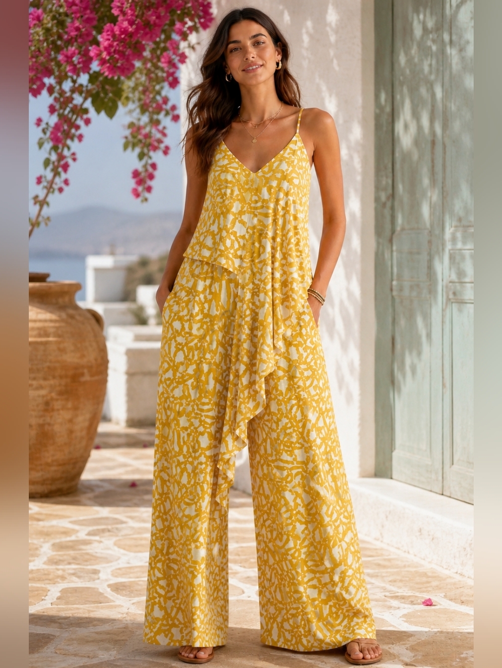 Maeve Anthropologie Yellow Abstract Jumpsuit Wide Leg Boho Strappy Size 6